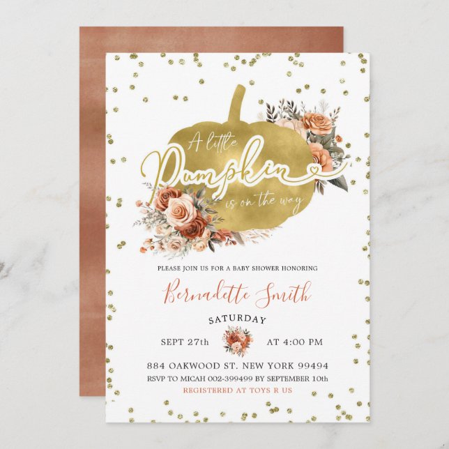 Convites Chá de fraldas de Pumpkin Laranja Dourado e Floral (Frente/Verso)