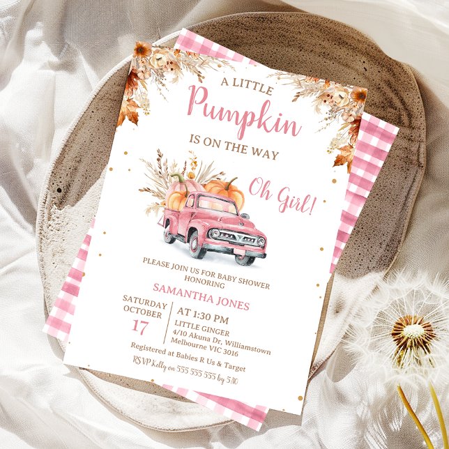 Convites Chá de fraldas de Pumpkin Rosa Russo (Editable Pink Pumpkin Truck Baby Shower Invitation Girl, Fall Little Pumpkin Baby Shower Invite,  )
