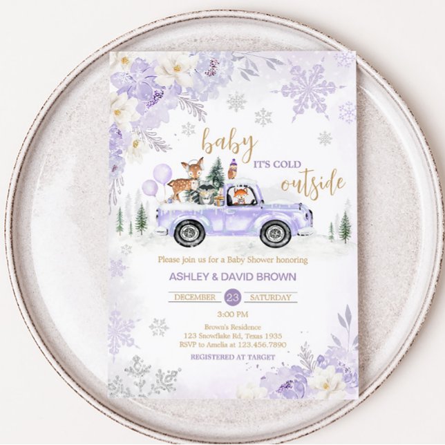 Convites Chá de fraldas de púrpura de madeira de inverno (Girl Baby It's Cold Outside Baby Shower Invitation)