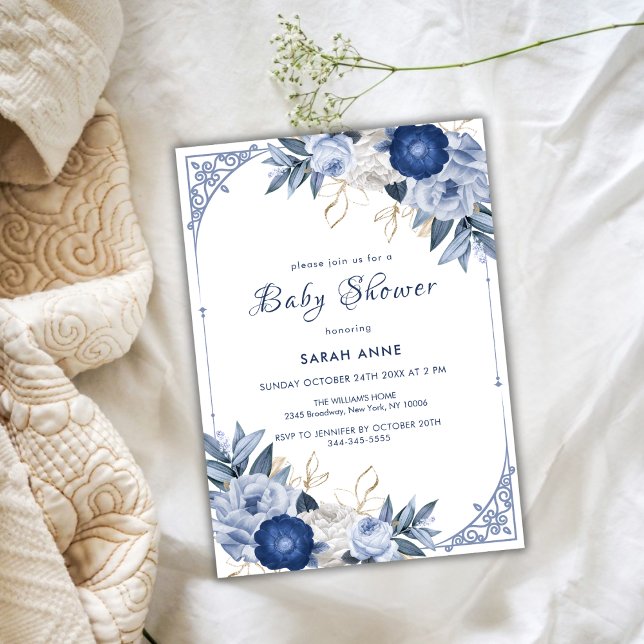 Convites Chá de fraldas de Quadro de Flor Azul Elegante Vin (Vintage Elegant Blue Flower Frame Baby Shower Invitation)