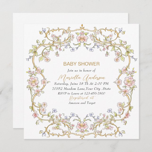 Convites Chá de fraldas de Quadro de Flores de Retro de Aqu (Frente/Verso)