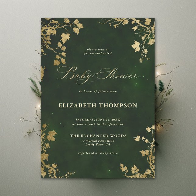Convites Chá de fraldas de Quadro de Folhagem Mínima da Flo (Enchanted Forest Hunter Green Minimal Greenery Modern Calligraphy Neutral Baby Shower Invitation)