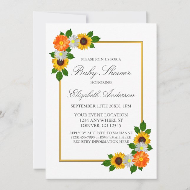 Convites Chá de fraldas de Quadro Dourado Floral (Frente)