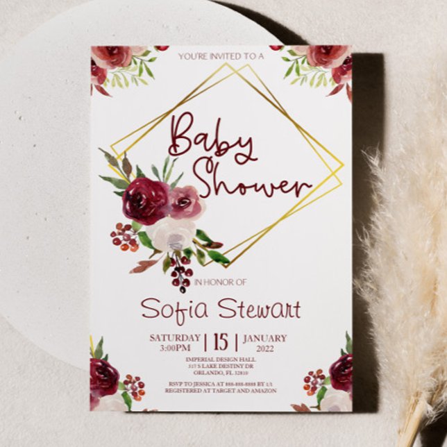 Convites Chá de fraldas de Quadro Flor Floral Dourado Burgu (Criador carregado)