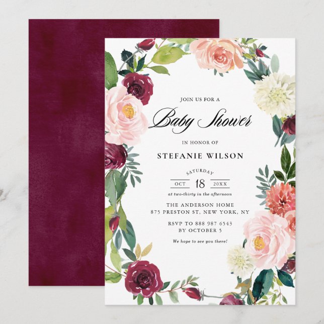 Convites Chá de fraldas de Quebra da Rua Floral e Borda (Frente/Verso)