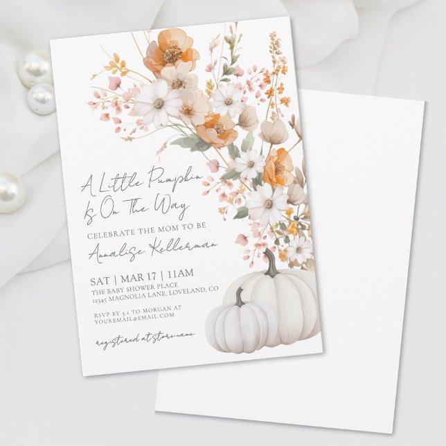Convites Chá de fraldas de queda de abóbora de flor selvage (Wildflower Pumpkin Fall Baby Shower Invitation)