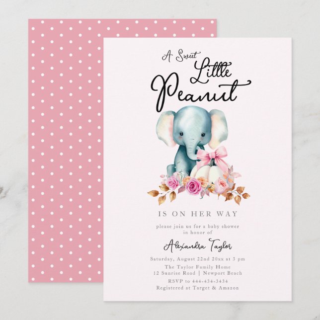 Convites Chá de fraldas de Queda de Abóbora Rosa-de-Elefant (Frente/Verso)