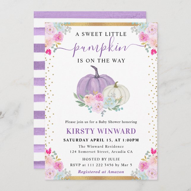 Convites Chá de fraldas de queda de abóboras planas e branc (Frente/Verso)