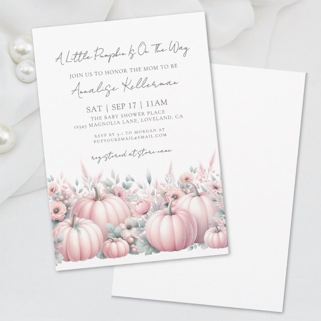 Convites Chá de fraldas De Queda De Menina De Abóbora Rosa (Pink Pumpkin Girl Fall Baby Shower Invitation)