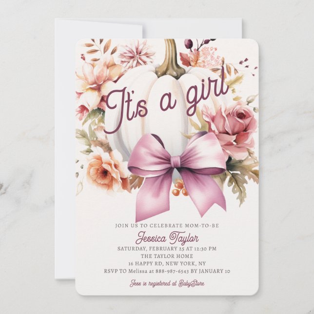 Convites Chá de fraldas de queda de moça rosa branca-abóbor (Frente)