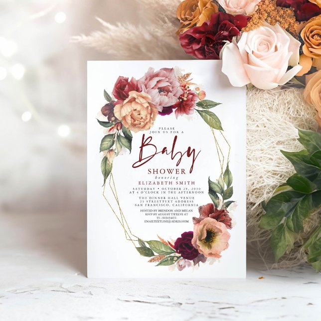 Convites Chá de fraldas de Queda do Floral Vermelho Laranja (Burgundy Red and Terracotta Floral Baby Shower Invitation)