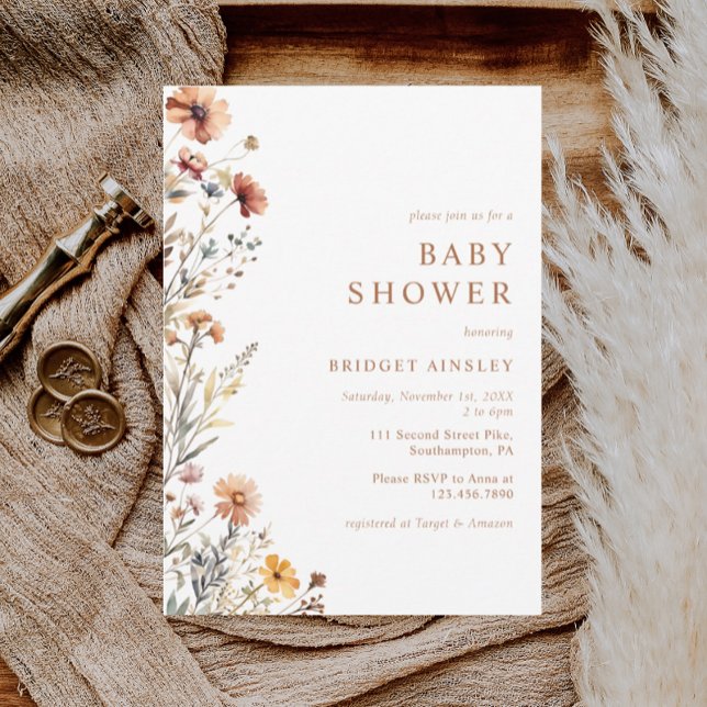 Convites Chá de fraldas de Queda Floral Laranja Aquarela (Criador carregado)