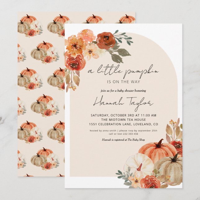Convites Chá de fraldas De Queda Um Pouco De Abóbora (Frente/Verso)