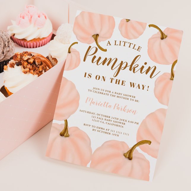 Convites Chá de fraldas de quedas de abóbora rosa (Pink Little pumpkin fall script baby shower Invitation)