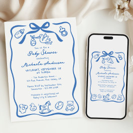 Convites Chá de fraldas de rabo branco desenhado à mão azul