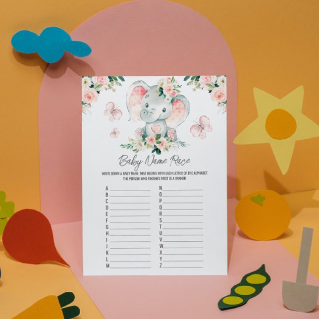 Convites Chá de fraldas de Raça Rosa Elefante Nome do Bebê (Criador carregado)