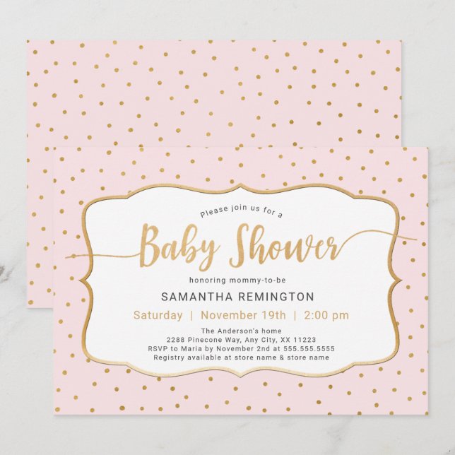 Convites Chá de fraldas de Rapariga Dourada Rosa (Frente/Verso)