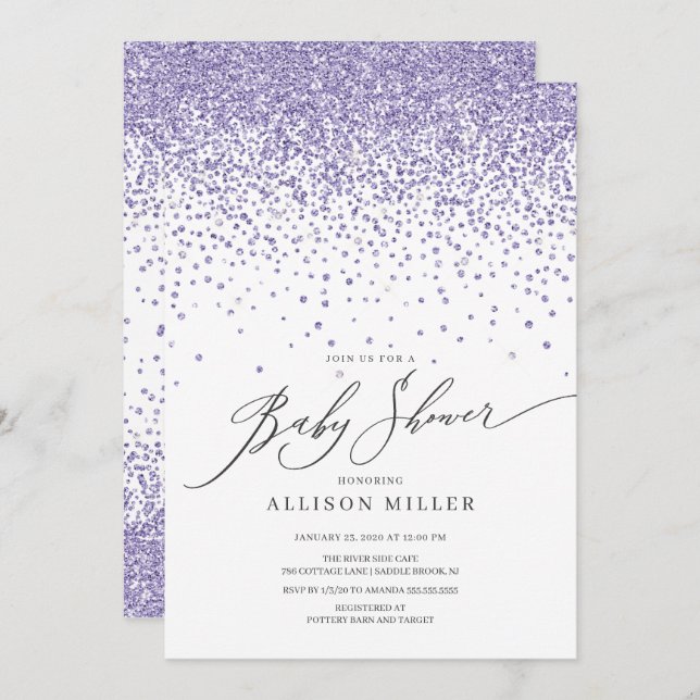 Convites Chá de fraldas de Raparigas Roxas Modernas (Frente/Verso)