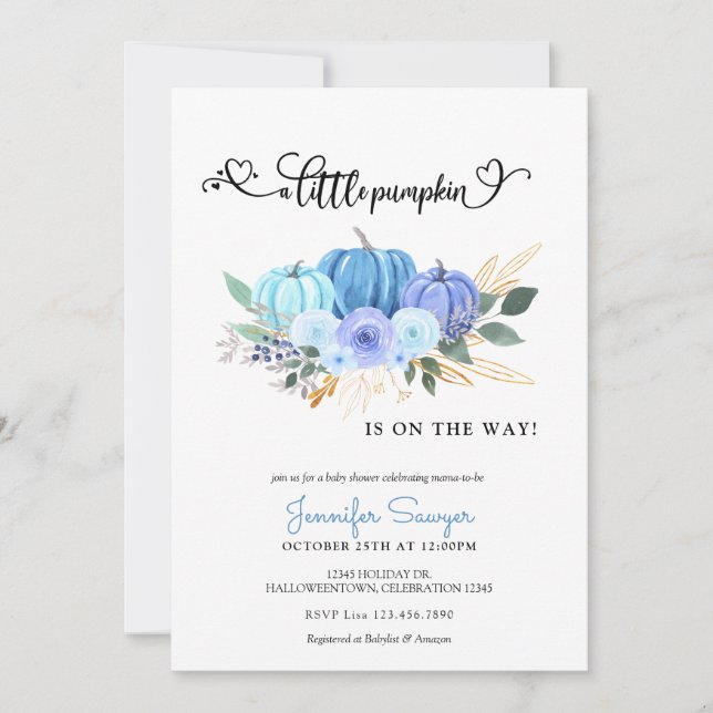 Convites Chá de fraldas de Rapaz Azul de outono de Abóbora (Frente)