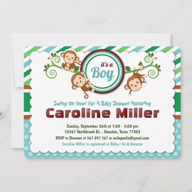 Convites Chá de fraldas de Rapaz Safari, Macaco Selva Azul (Frente)