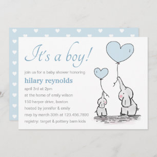 Convites Chá de fraldas de Rapazes Balões Azuis de Coração