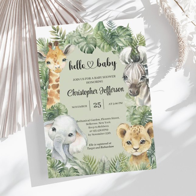 Convites Chá de fraldas de Rapazes da Selva Tropical Safari (Tropical Jungle Safari Animals Boy Baby Shower Invitation)