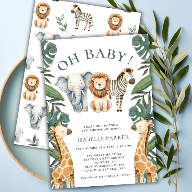 Convites Chá de fraldas de Rapazes da Selva Tropical Safari (Tropical Jungle Safari Animals Boy Baby Shower Invitation)