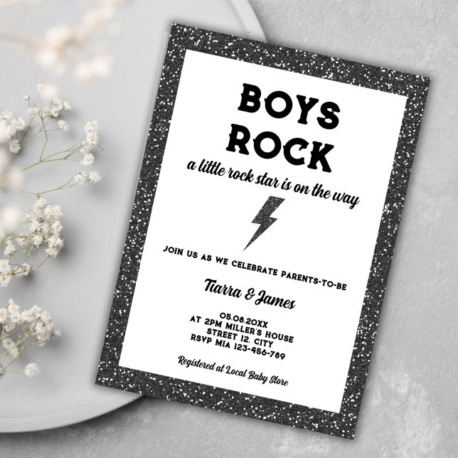 Convites Chá de fraldas De Rapazes Rock Black E Roll Boy (boys rock little rock star rock and roll boy baby shower invitation)