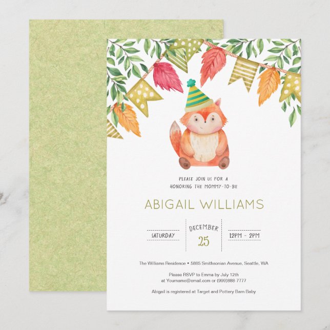 Convites Chá de fraldas de Raposa Cura de Madeira (Frente/Verso)