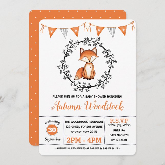 Convites Chá de fraldas de Raposa Cura/Floresta Florestal M (Frente/Verso)