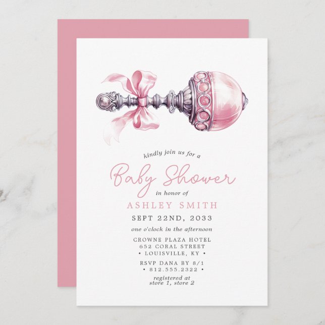 Convites Chá de fraldas de Rattle, bebê Rosa Elegante (Frente/Verso)