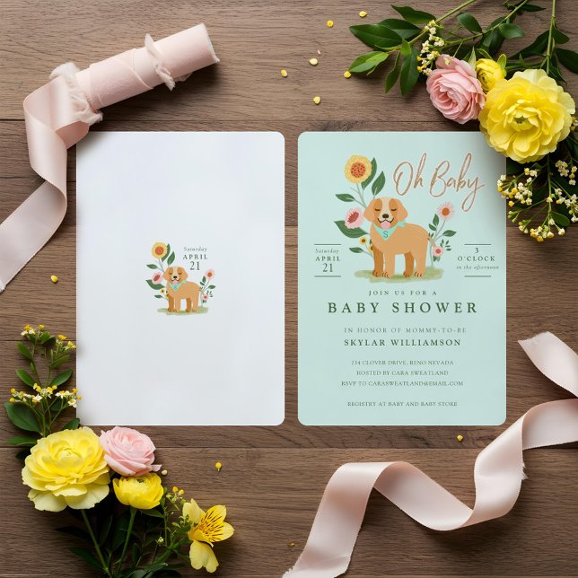 Convites Chá de fraldas de Retriever de Ouro Floral Bonito  (Cute Adorable Floral Golden Retriever Baby Shower Invitation)