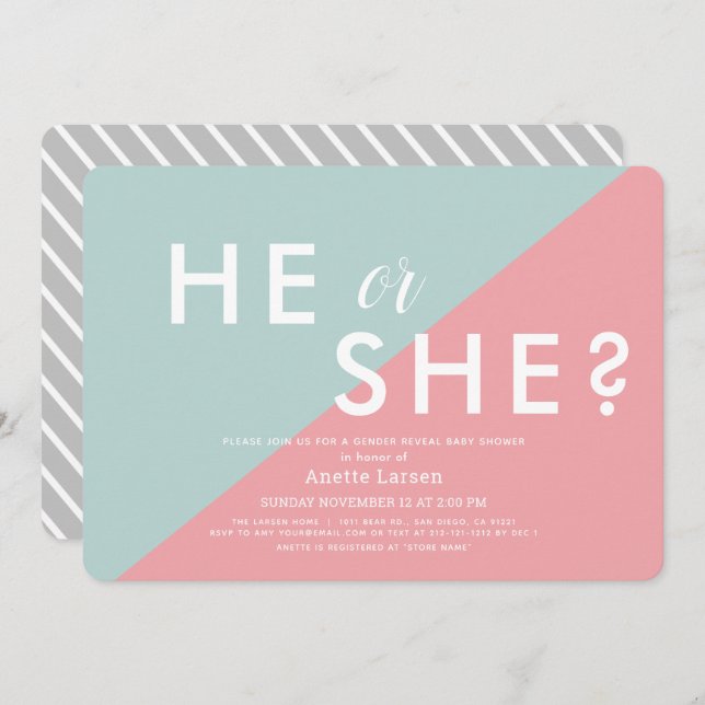 Convites Chá de fraldas de Revisão do Gênero Moderno Rosa e (Frente/Verso)