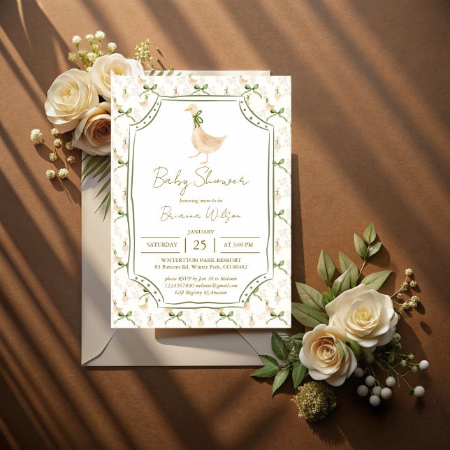 Convites Chá de fraldas de rimas de ganso (Goose nursery rhymes boho baby shower invitation cards template goose with ribbon bow vintage border)