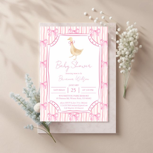 Convites Chá de fraldas de rimas de ganso (Silly Goose nursery rhymes vintage pink bow baby shower invitation cards template)