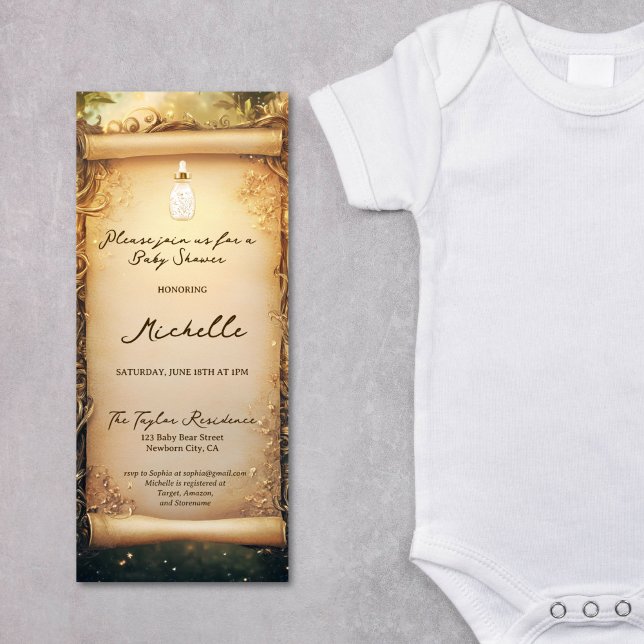 Convites Chá de fraldas de Rolagem de Floresta Encantada Br (enchanted forest with baby bottle, gold and green baby shower scroll invitation)