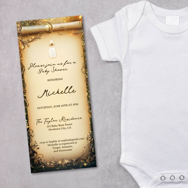 Convites Chá de fraldas de Rolagem de Floresta Encantada Br (enchanted forest with baby bottle, gold and green baby shower scroll invitation)