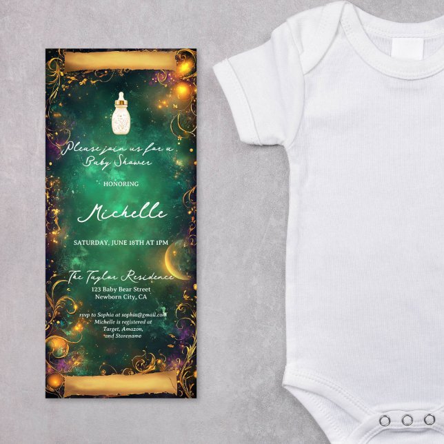 Convites Chá de fraldas de Rolagem de Floresta Encantada Br (emerald green and gold enchanted woods scroll baby shower invitation)