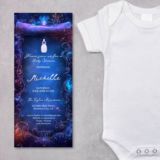 Convites Chá de fraldas de Rolagem de Floresta Encantada de (purple enchanted forest scroll baby shower invitation)