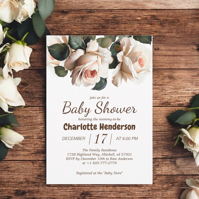 Convites Chá de fraldas de Rosa Beige Elegante (Elegant Beige Rose Girl Baby Shower Invitation)