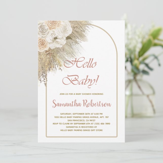 Convites Chá de fraldas de Rosa boêmia Elegante Pampas Gras (Em pé/Frente)