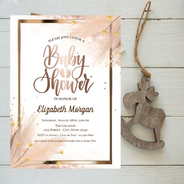 Convites Chá de fraldas de Rosa Dourada para bebês Pampas (Criador carregado)