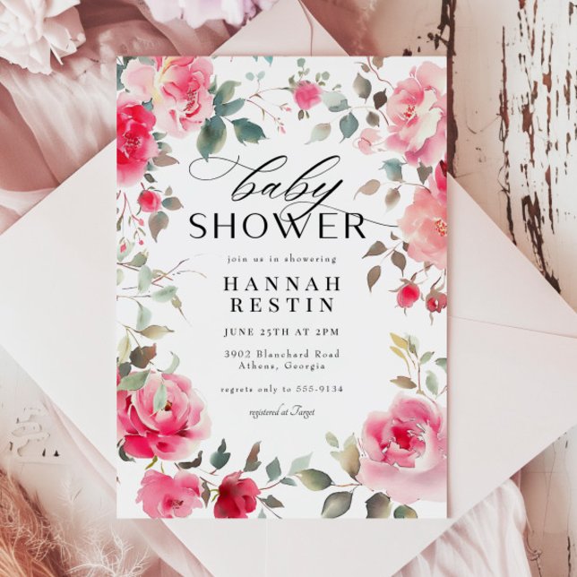 Convites Chá de fraldas de Rosa Rosa Rosa Elegante (Criador carregado)