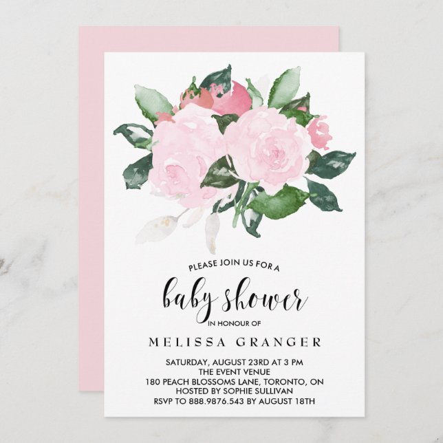 Convites Chá de fraldas de Rosas de Aquarela Rosa-doce (Frente/Verso)
