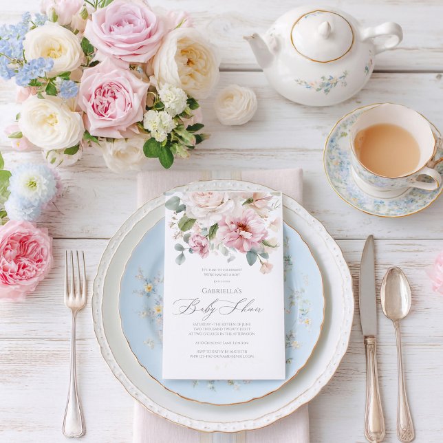 Convites Chá de fraldas de rosas florais românticos (Criador carregado)