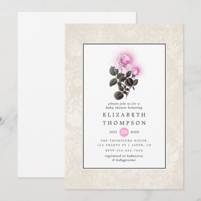 Convites Chá de fraldas de Rosas Rosa Espumante (Frente/Verso)