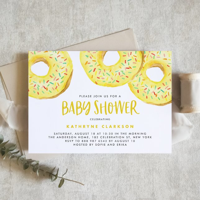 Convites Chá de fraldas de Rosquinhas de aspersão amarelo-a (Watercolor Yellow Sprinkle Donuts Baby Shower Invitation)