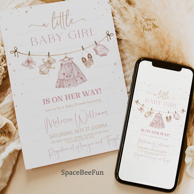 Convites Chá de fraldas de Roupas Boho (boho baby shower invitation, pink blush baby shower, baby girl shower invite, boho baby clothes them)