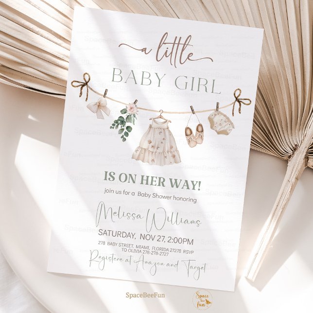 Convites Chá de fraldas de Roupas Boho (boho baby shower invitation, sage green baby shower, baby girl shower invite, boho baby clothes them)