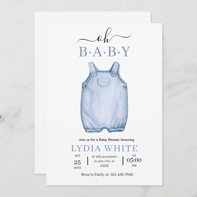 Convites Chá de fraldas de roupas de bebê, chá de fraldas (Frente/Verso)